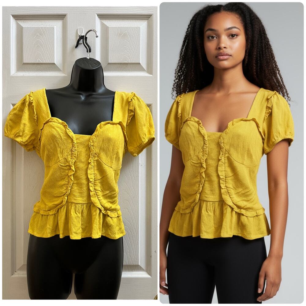 Line and Dot Crepe Elena Front Ruffle Back Smocked Detail Coquette Top Medium